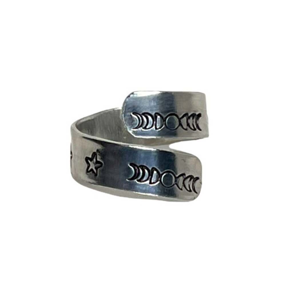 Handmade 8.5/9 stamped celestial moon phases‎ adjustable silver wrap ring